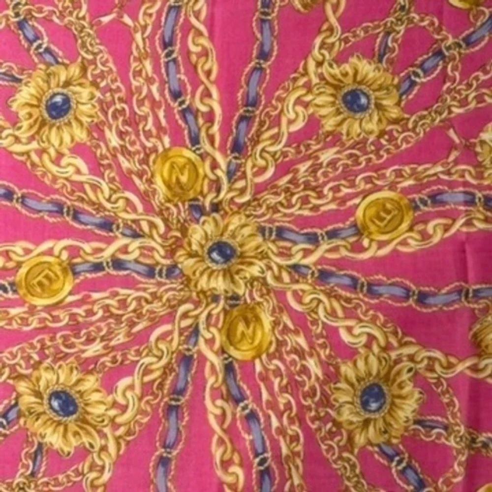 Vtg CELINE Scarf Handkerchief Chain Medallion Pink Gold Blue 18